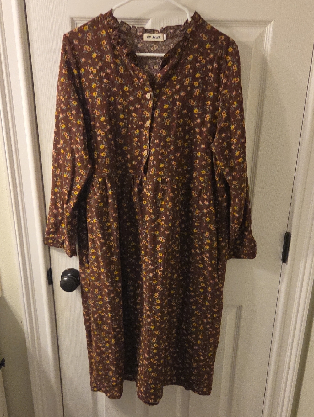Brown Cotton XL Floral Button-Front Midi Cottagecore Dress